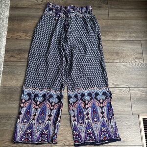 NWT Solitaire Blue Patterned Boho Wide Leg Belted Flowy Pants Sz Large